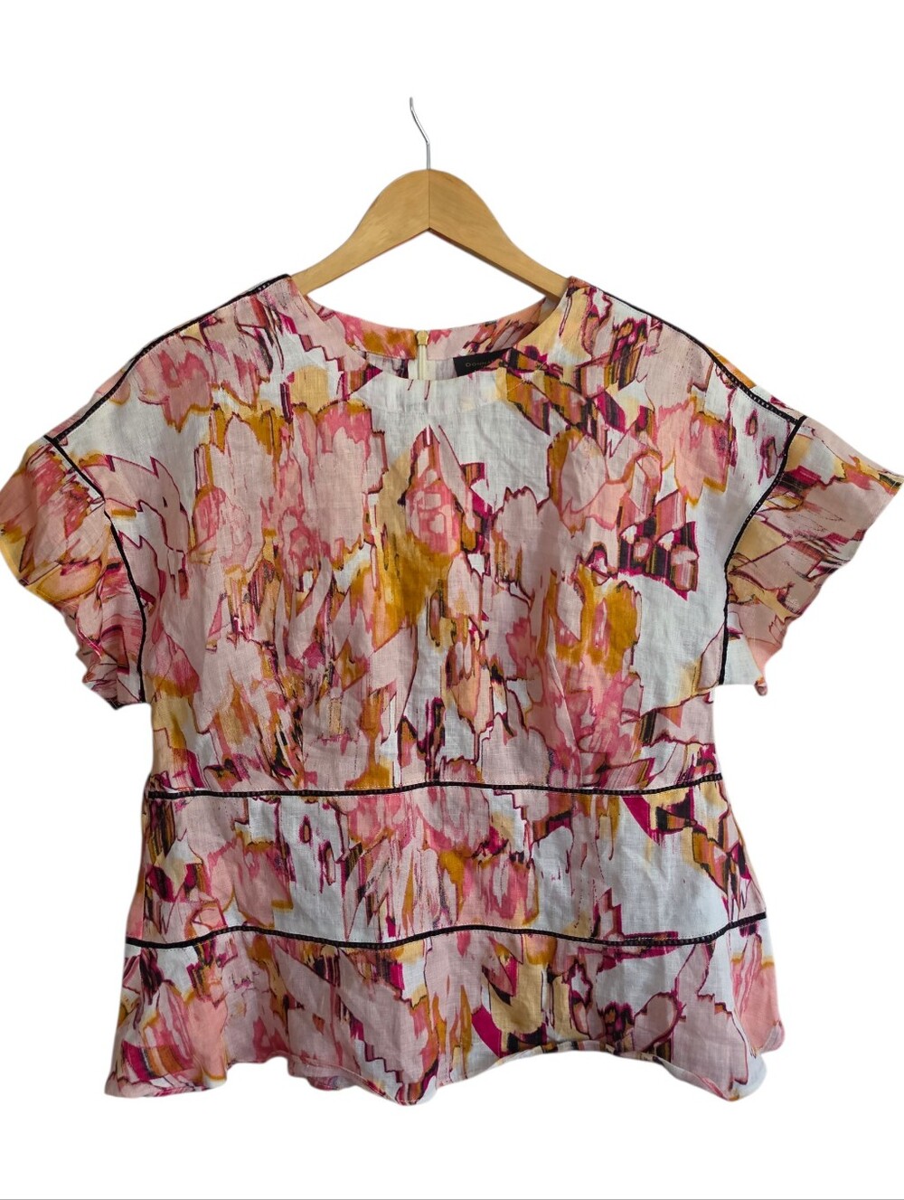 100% Linen Donna Karan Pink and Yellow Watercolor Floral Flutter-Sleeve Top